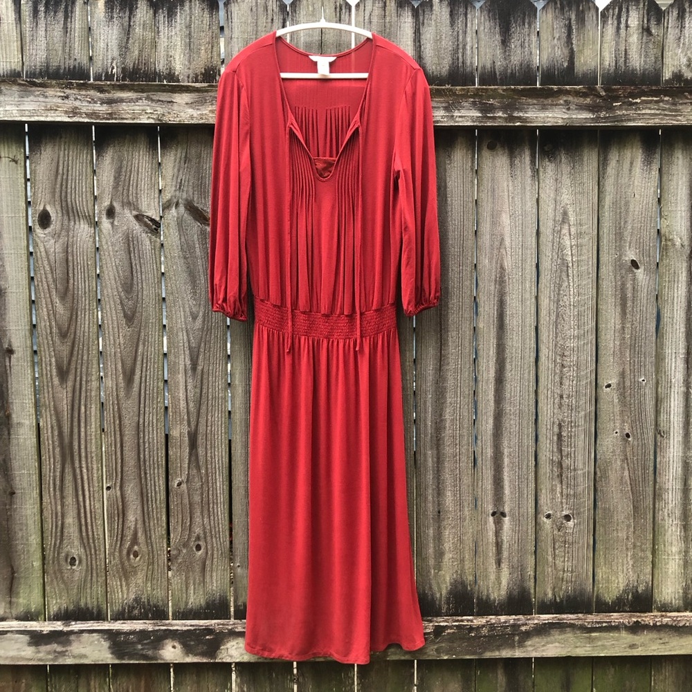 Sundance 100% Modal Blouson Midi Dress Size L Brick Red Long Sleeves